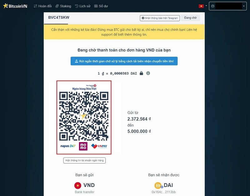 Quét mã QR và chuyển khoản để hoàn tất mua DAI