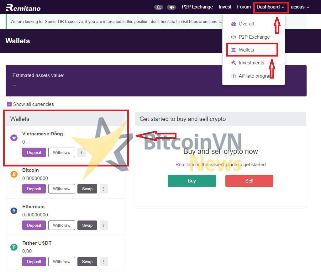 Top up VND onto your account on Remitano