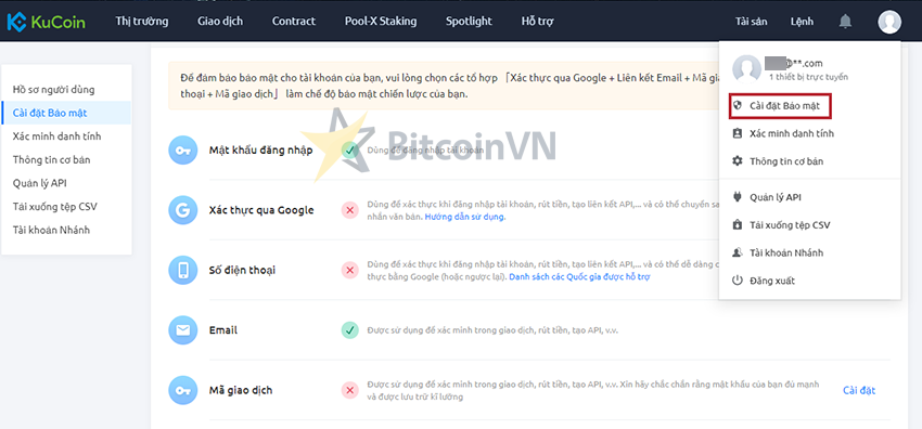 Cài đặt bảo mật cho tài khoản người dùng trên sàn Kucoin