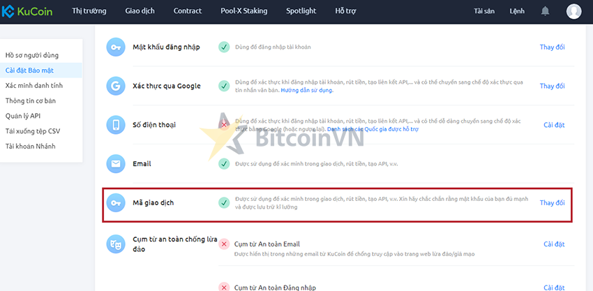 Cài đặt mật khẩu giao dịch cho tài khoản người dùng trên sàn Kucoin