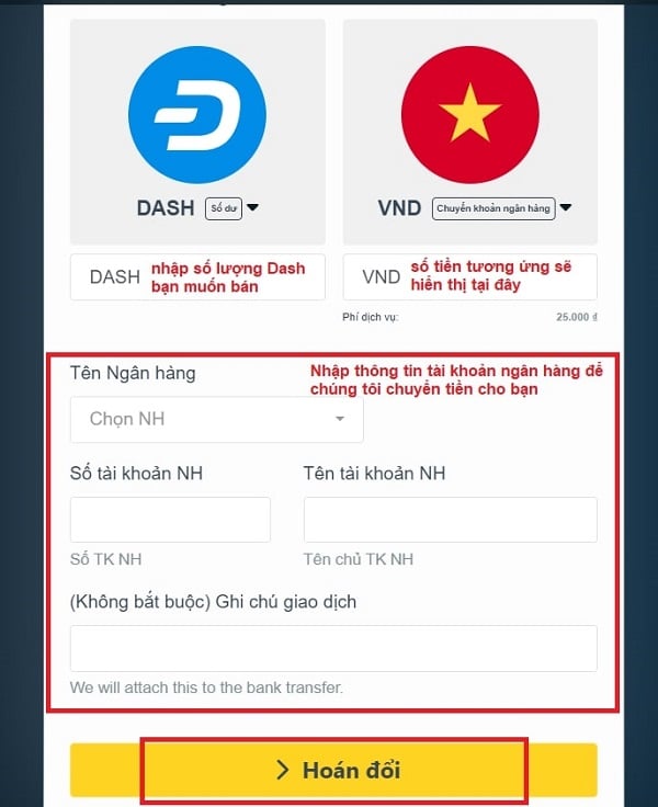 Nhập thông tin và “hoán đổi” để bán