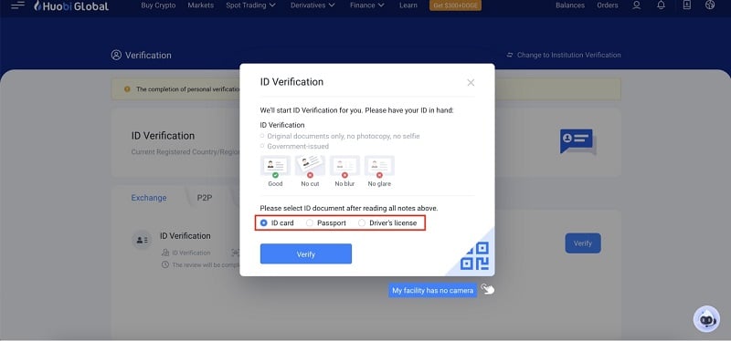 Chọn loại giấy tờ tùy thân để tiếp tục KYC trên Huobi