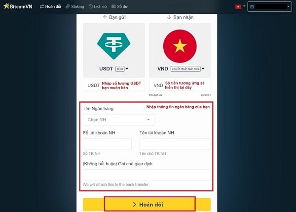 Nhập thông tin và chọn “hoán đổi” để tiến hành bán USDT
