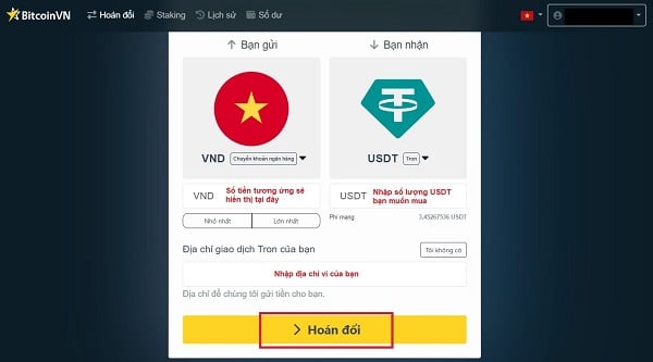 Chọn “hoán đổi” để tiến hành giao dịch