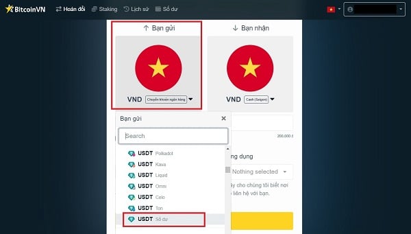 Chọn USDT (Số dư)