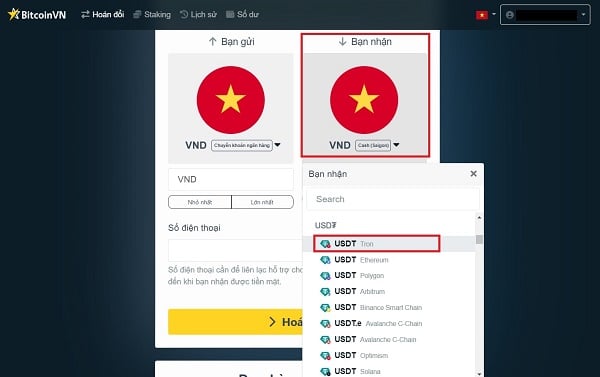 Ở bước này, bạn có thể chọn giao dịch USDT trên chuỗi khác ngoài Tron