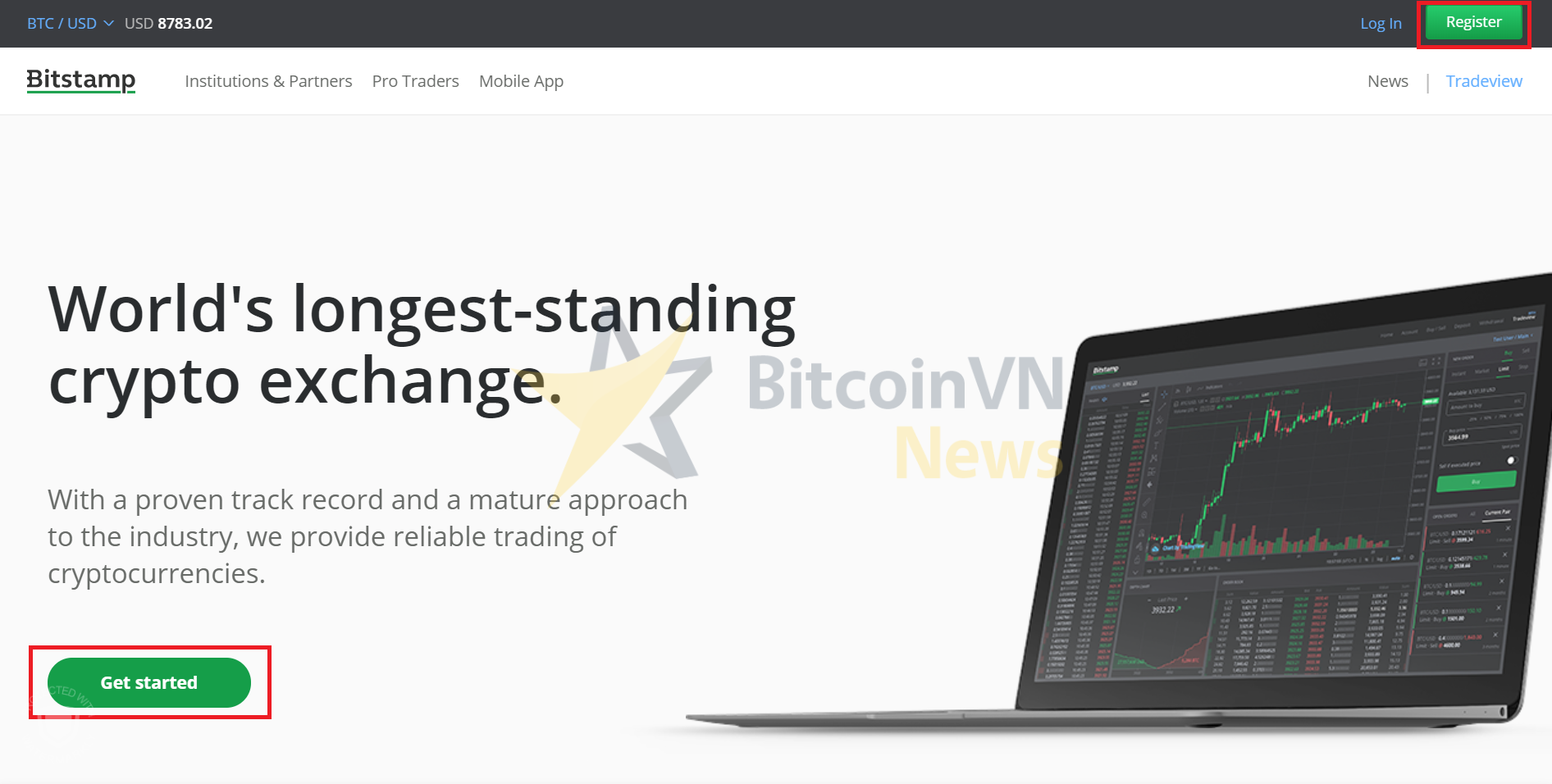 Trang chủ Bitstamp với nút Get Started