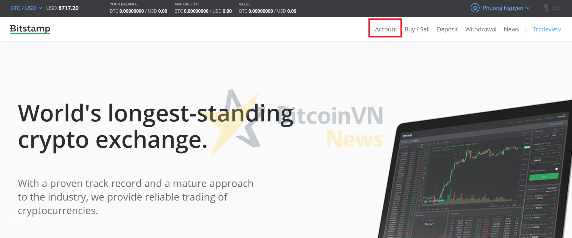 Menu Account trên Bitstamp
