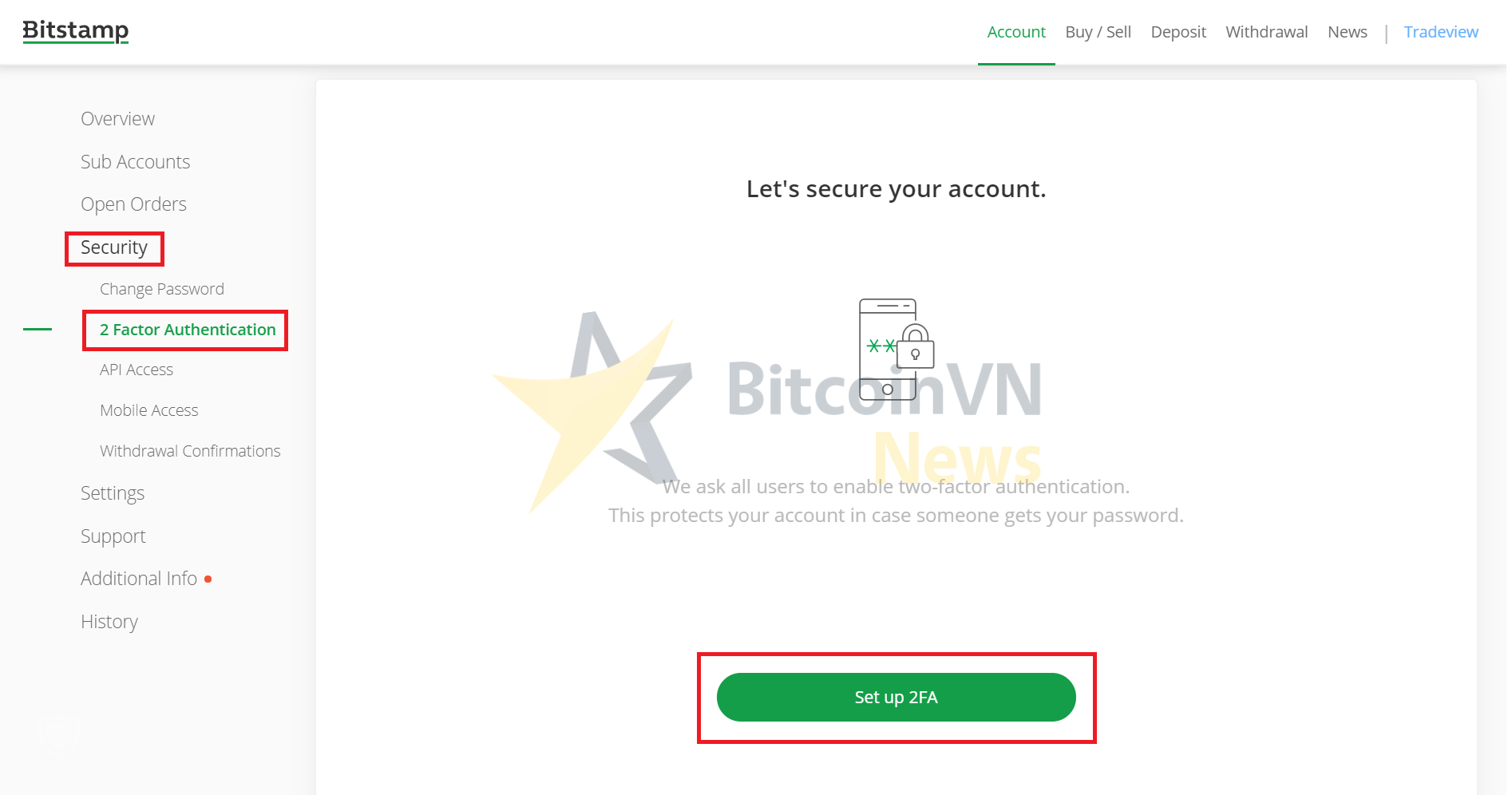 Trang Security và 2 Factor Authentication trên Bitstamp