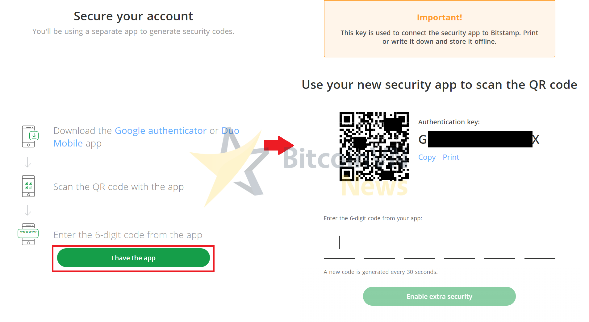 Màn hình thiết lập Google Authenticator trên Bitstamp