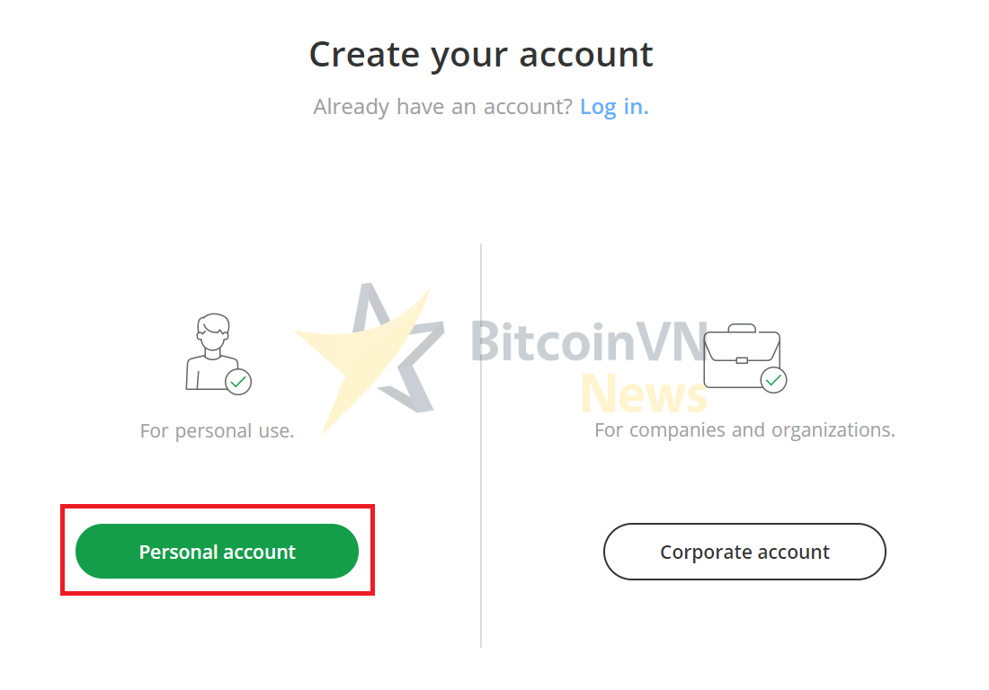 Màn hình chọn loại tài khoản Bitstamp