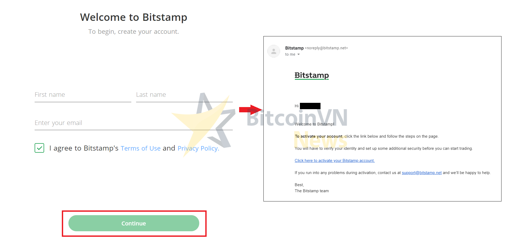 Biểu mẫu đăng ký tài khoản Bitstamp