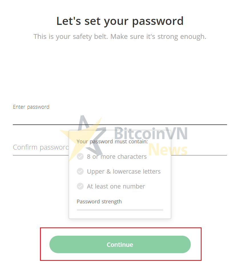 Màn hình tạo mật khẩu Bitstamp