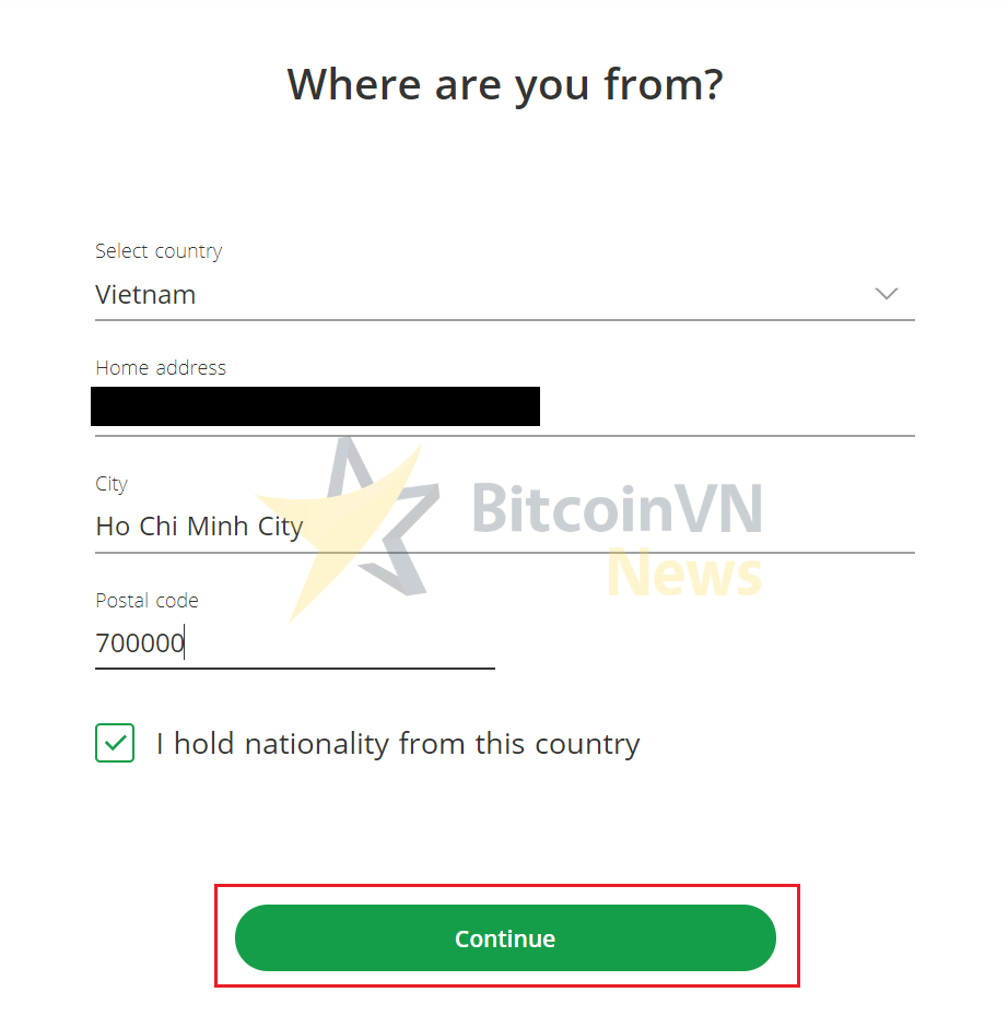 Biểu mẫu thông tin nơi ở trên Bitstamp