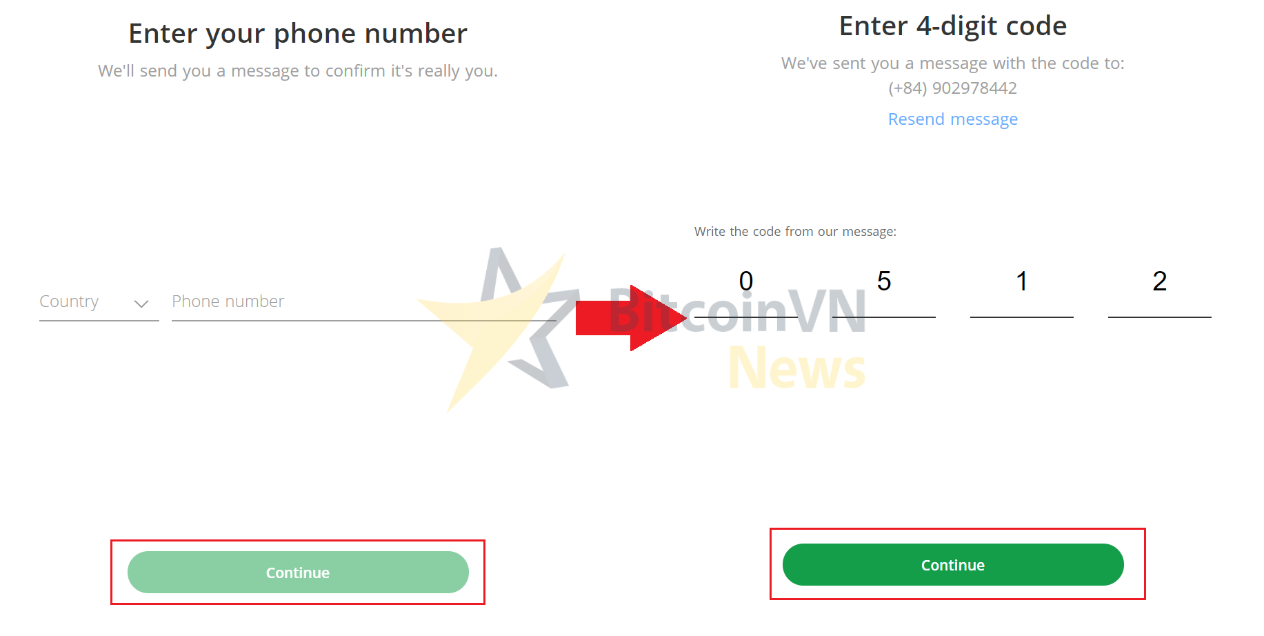 Màn hình xác minh số điện thoại Bitstamp