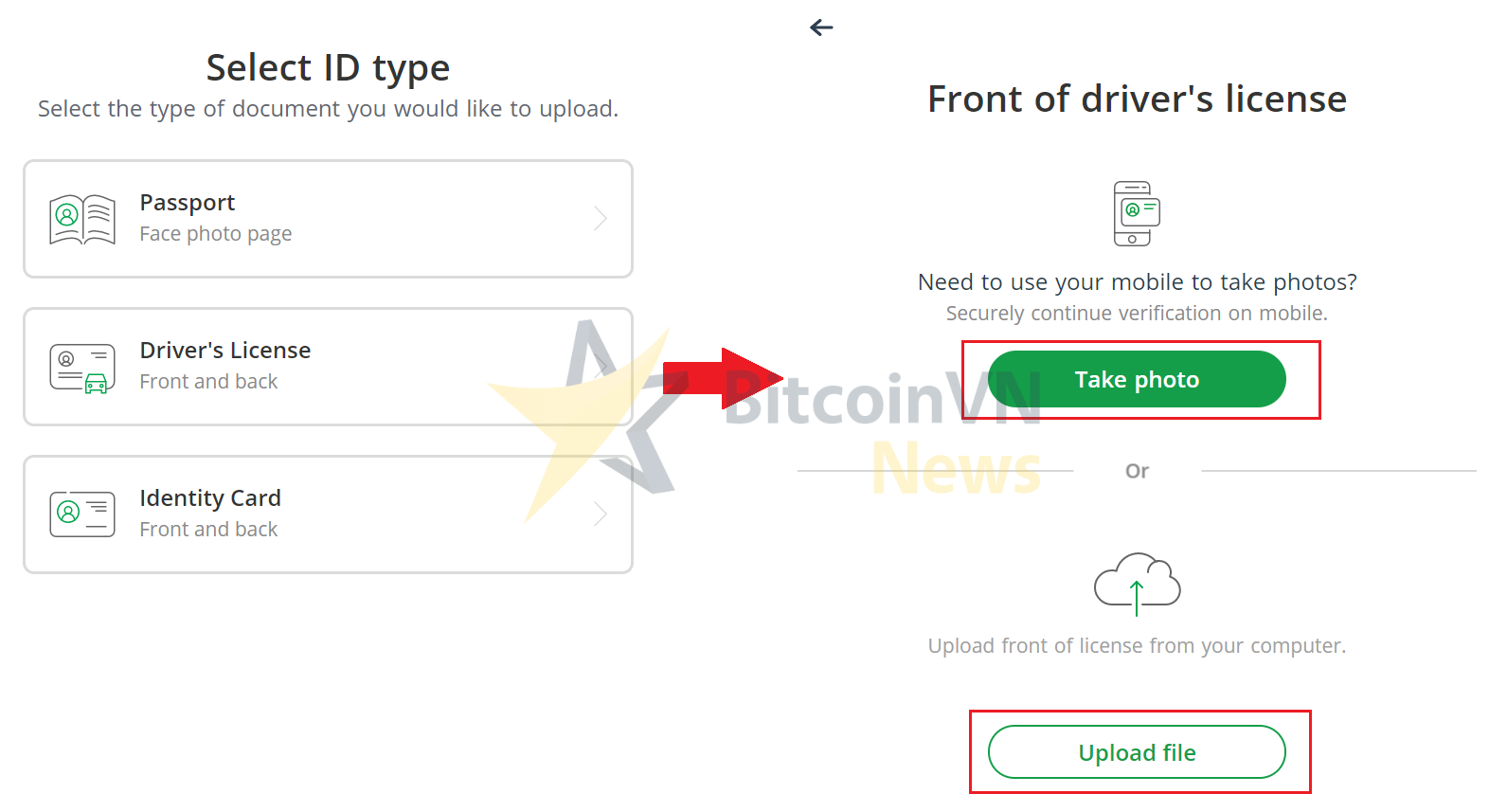Màn hình chọn giấy tờ xác minh Bitstamp