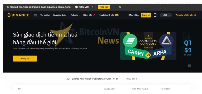 Giao diện trang đầu tiên khi truy cập vào sàn Binance.