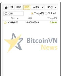 Chọn mã CMT/BTC để thực hiện việc mua bán.