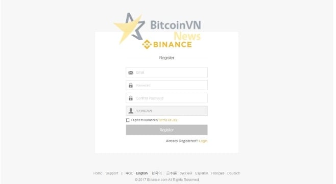 Giao diện đăng kí của sàn Binance, ấn vào Register sau khi điền đầy đủ thông tin.