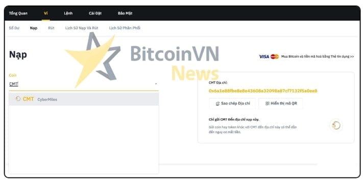 Ví dụ nạp coin CMT vào hệ thống của sàn Binance.