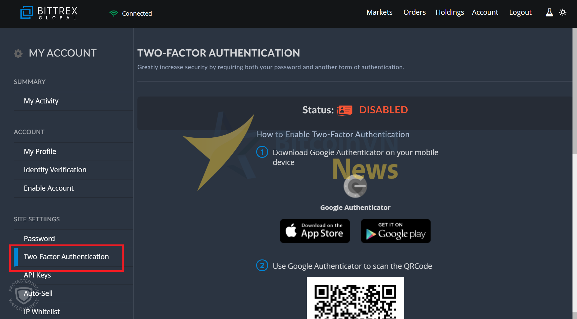 Trang Two-factor Authentication của Bittrex