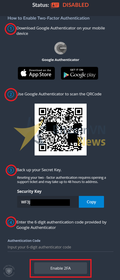 Màn hình mã QR và security key 2FA trên Bittrex