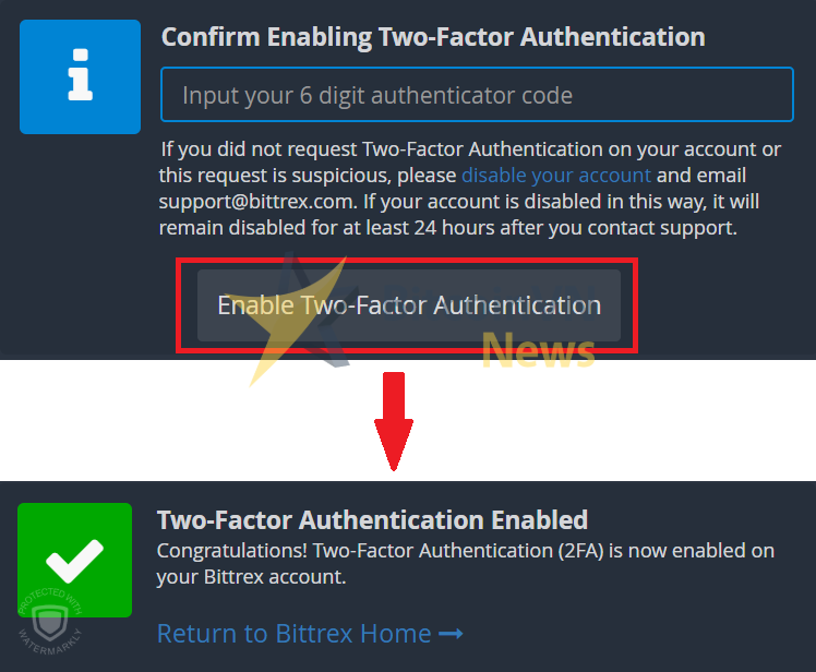 Màn hình xác nhận bật 2FA trên Bittrex