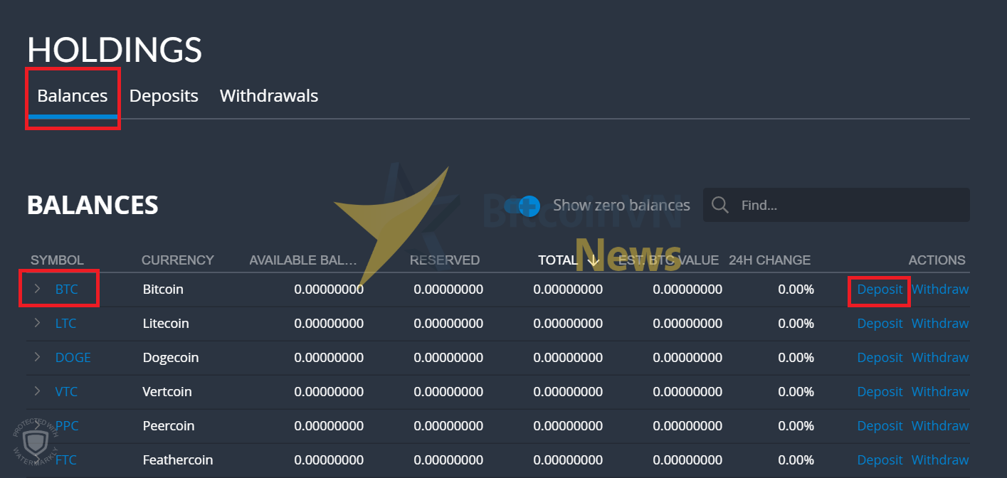 Màn hình chọn Deposit BTC trên Bittrex