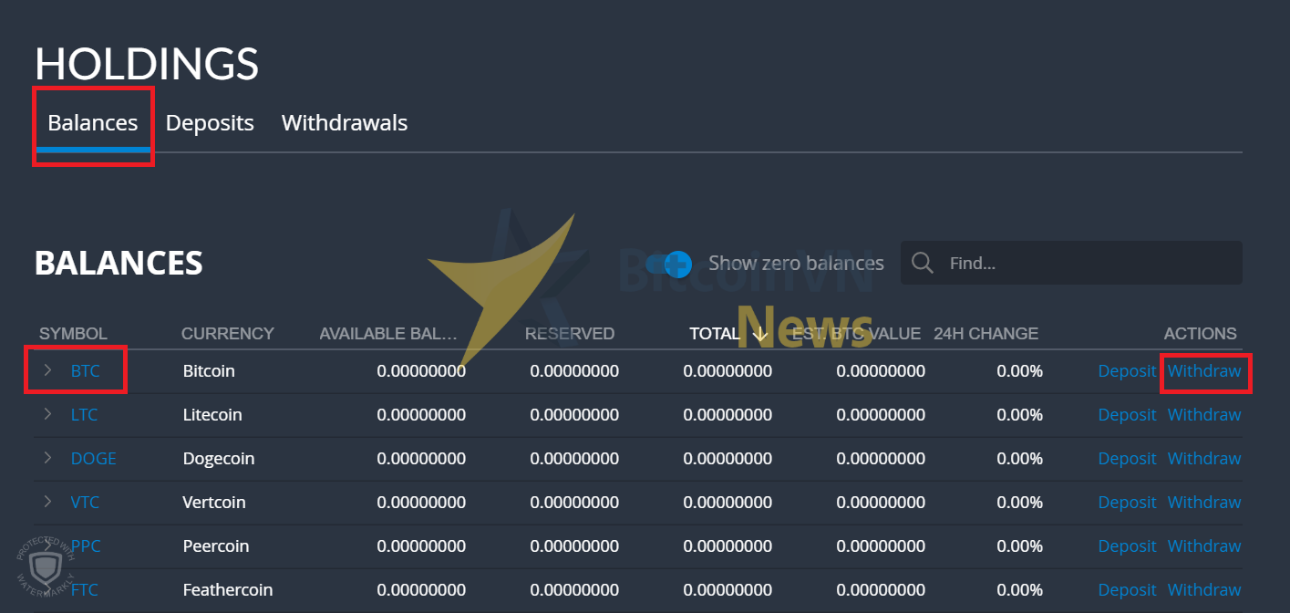 Màn hình chọn Withdraw BTC trên Bittrex