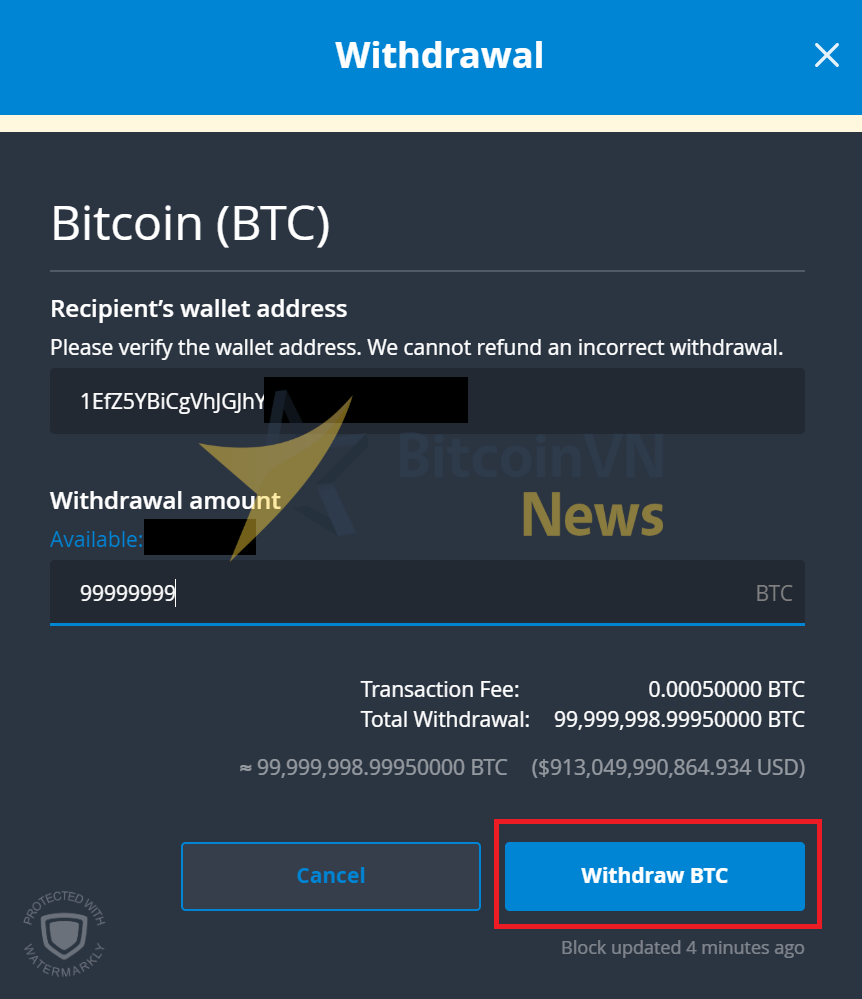 Biểu mẫu rút BTC khỏi Bittrex