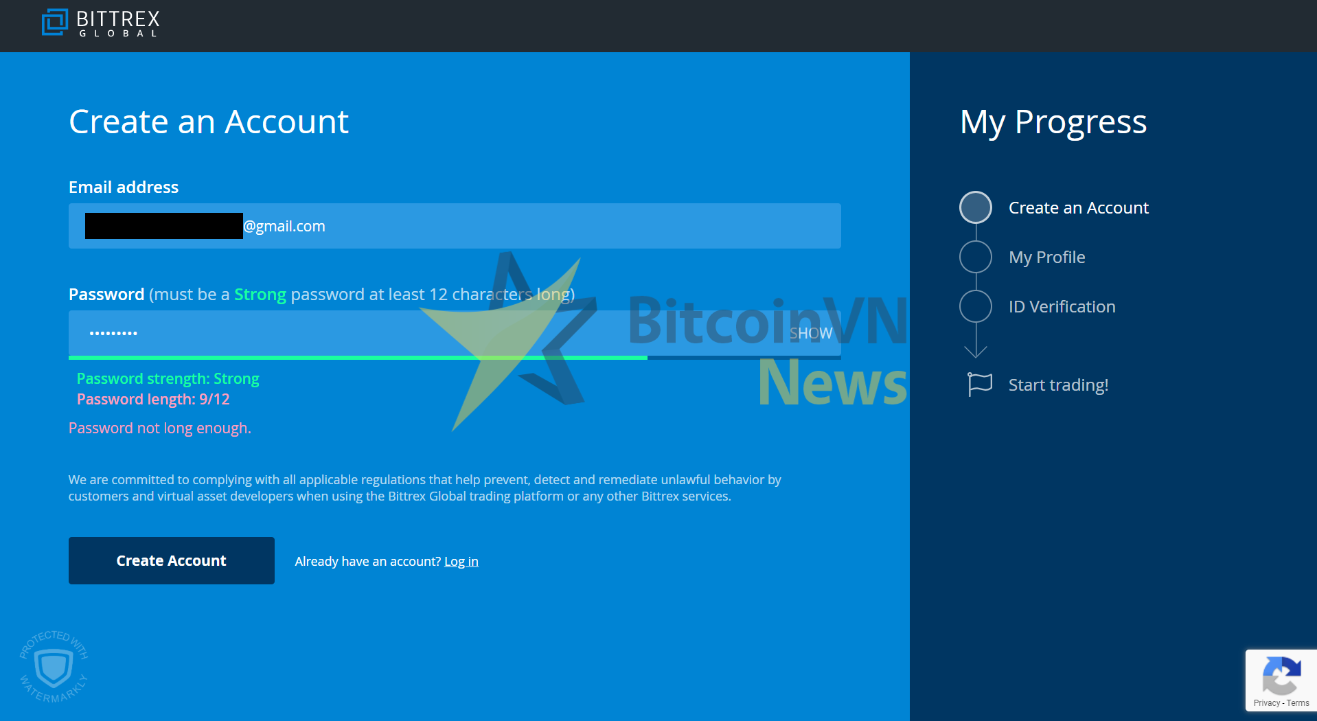 Màn hình đăng ký tài khoản Bittrex