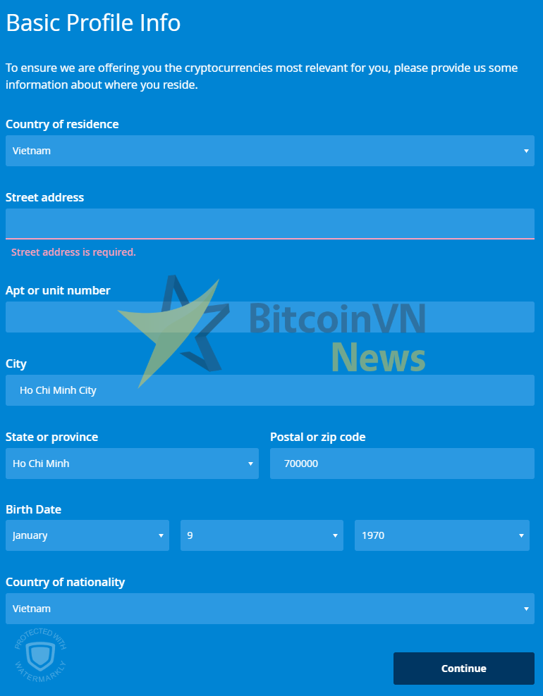 Biểu mẫu thông tin cá nhân trên Bittrex
