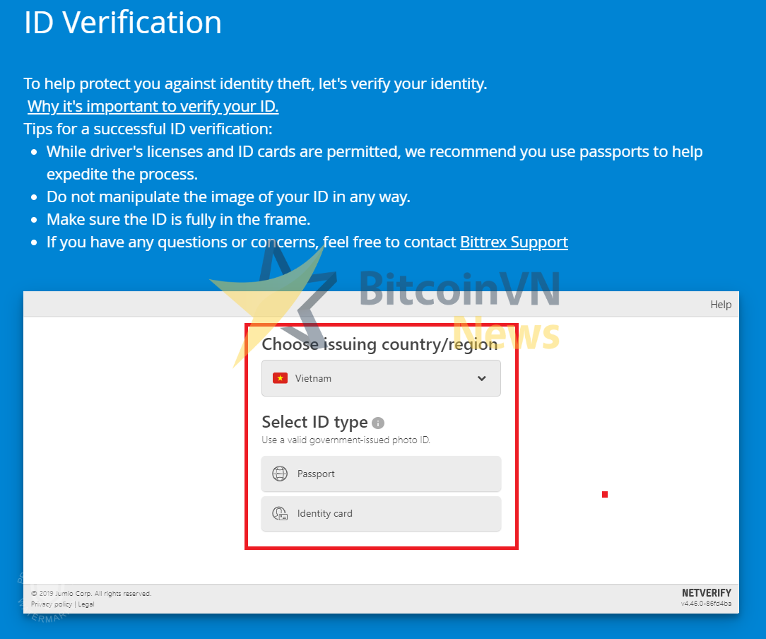 Màn hình chọn giấy tờ xác minh Bittrex