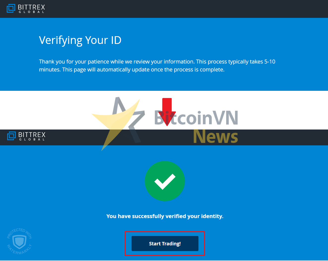 Màn hình Start Trading sau khi xác minh Bittrex