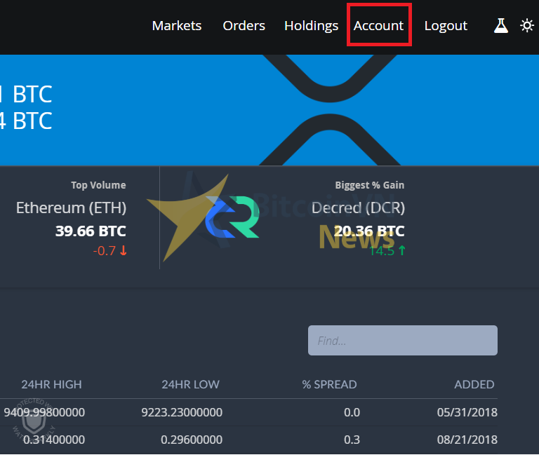 Menu Account trên Bittrex