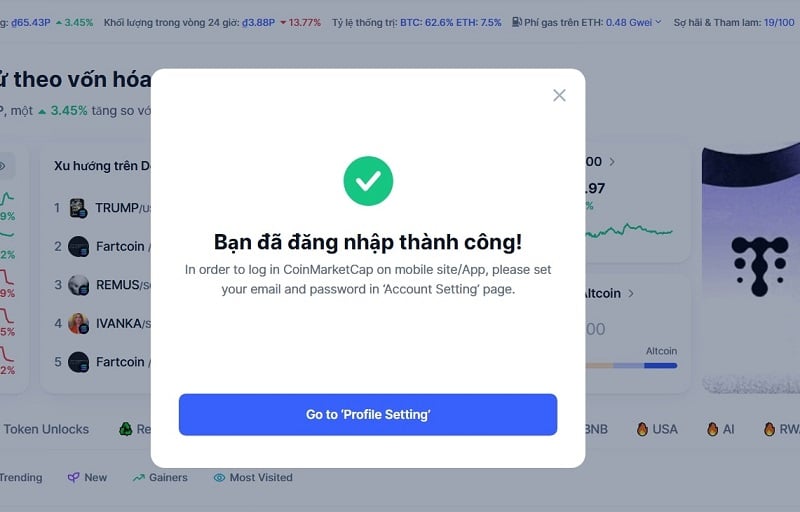 Bạn sẽ nhận được thông báo này khi tạo tài khoản thành công