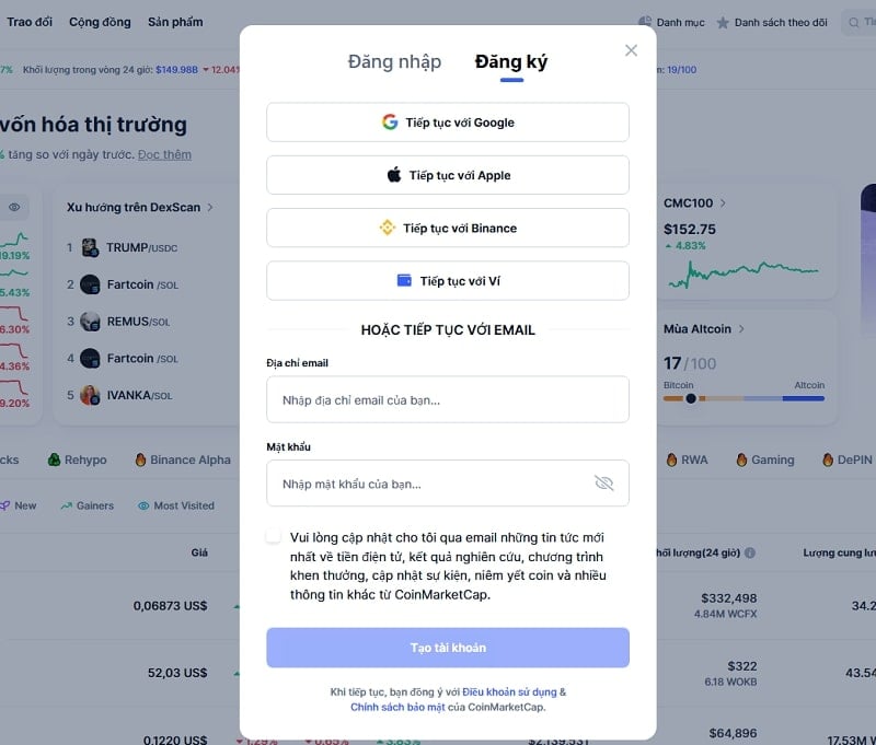 Tạo tài khoản thông qua Google