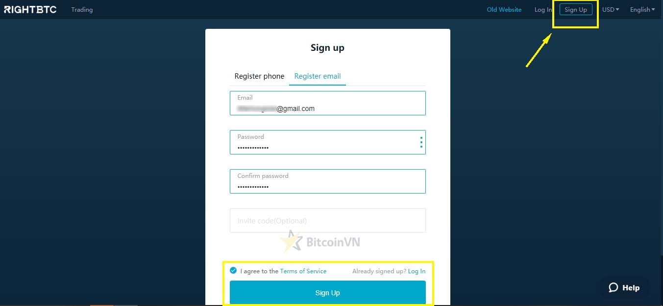 Màn hình đăng ký tài khoản RightBTC