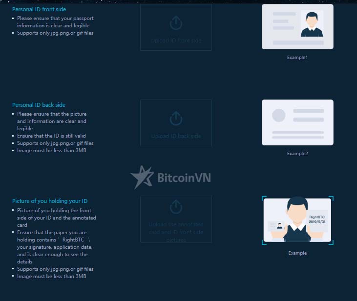 Màn hình tải giấy tờ KYC cấp 2 trên RightBTC