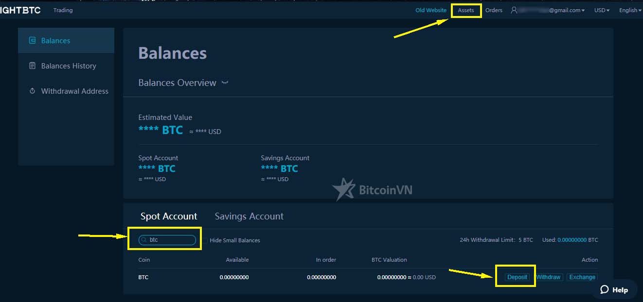 Màn hình nạp BTC trên RightBTC
