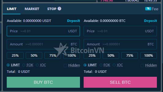 Biểu mẫu mua bán BTC trên RightBTC