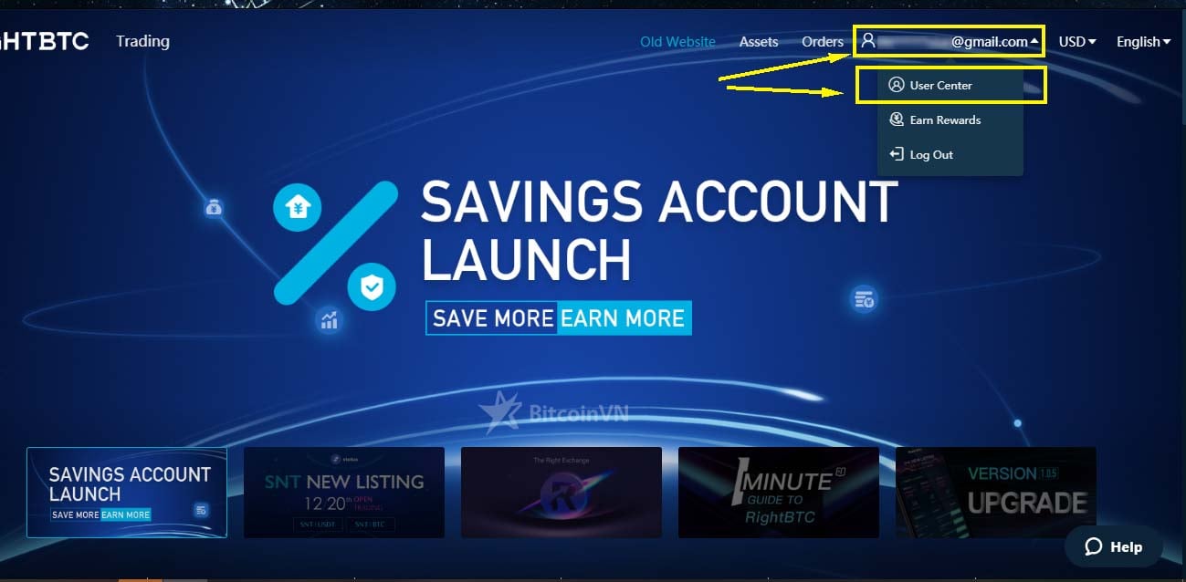 Mục User center trong tài khoản RightBTC