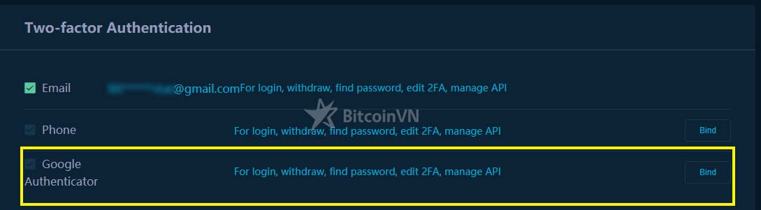 Mục Google Authentication trong RightBTC