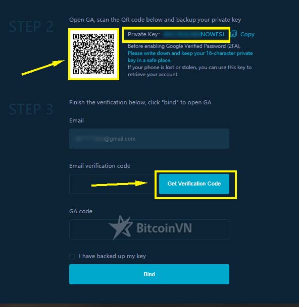 Màn hình mã QR và private key 2FA trên RightBTC