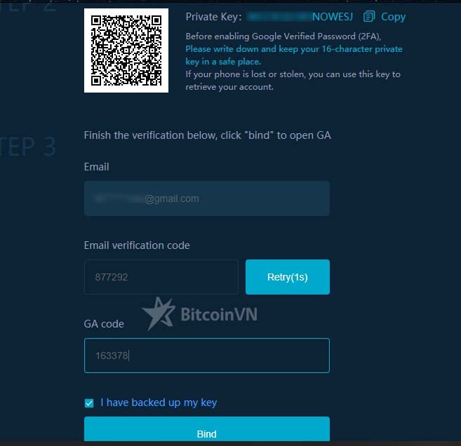 Màn hình xác nhận bật 2FA trên RightBTC