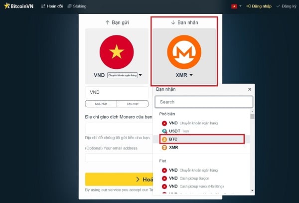 Chọn BTC ở mục bạn nhận