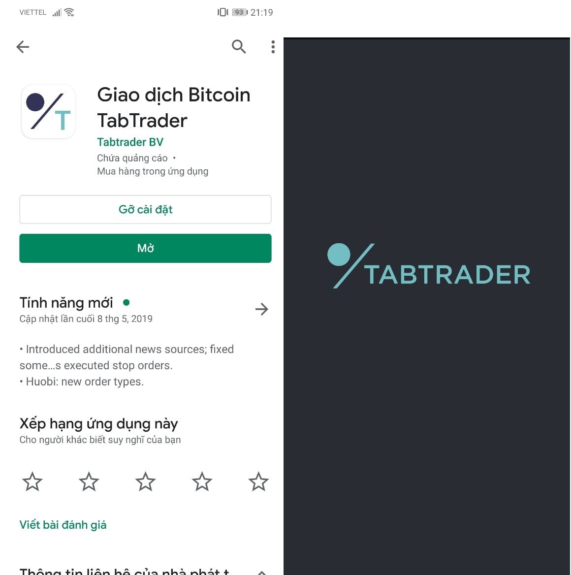 Giao diện của giao Dịch Bitcoin TabTrader
