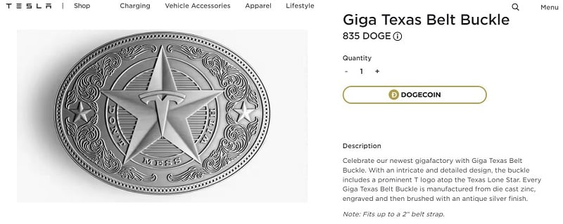 Một số hàng hóa trên web của Tesla đã được thanh toán bằng dogecoin. Nguồn: Tesla
