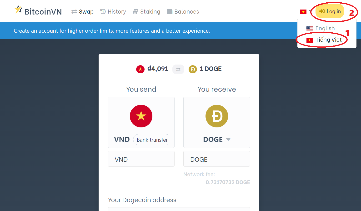 Sau đó bạn có thể chọn Tiếng Việt hoặc Tiếng Anh và nhấn LOG IN