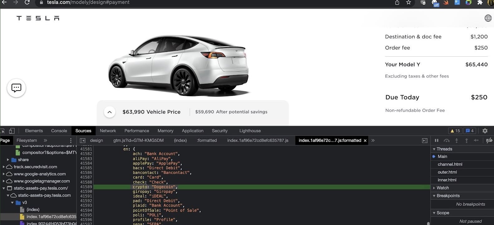Trang thanh toán của Tesla Model Y tùy chọn thanh toán bằng “dogecoin”. Nguồn: Tesla.